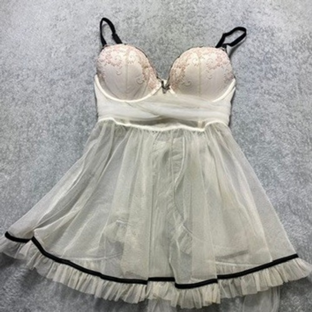 Victoria's Secret Womens‎ 36C Babydoll Chemise Lingerie Cream Pink Mesh Lace